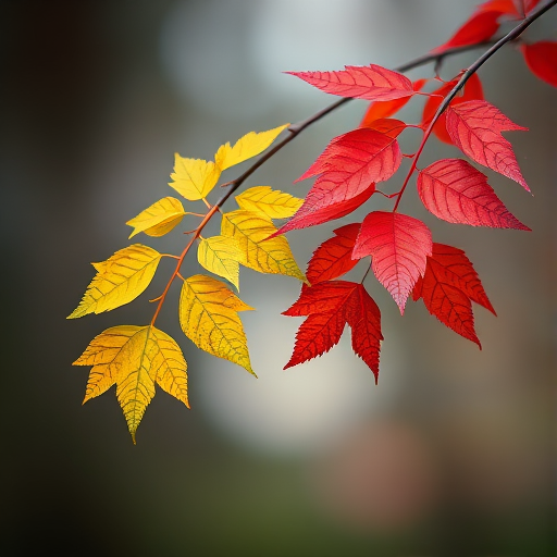 Capture two branches of leaves, one green and yellow, the other red, against a blurred background using a DSLR camera with a 50mm lens, aperture set to f/2.8, ISO 100, and a shallow depth of field for enhanced image quality and focus on the leaves.