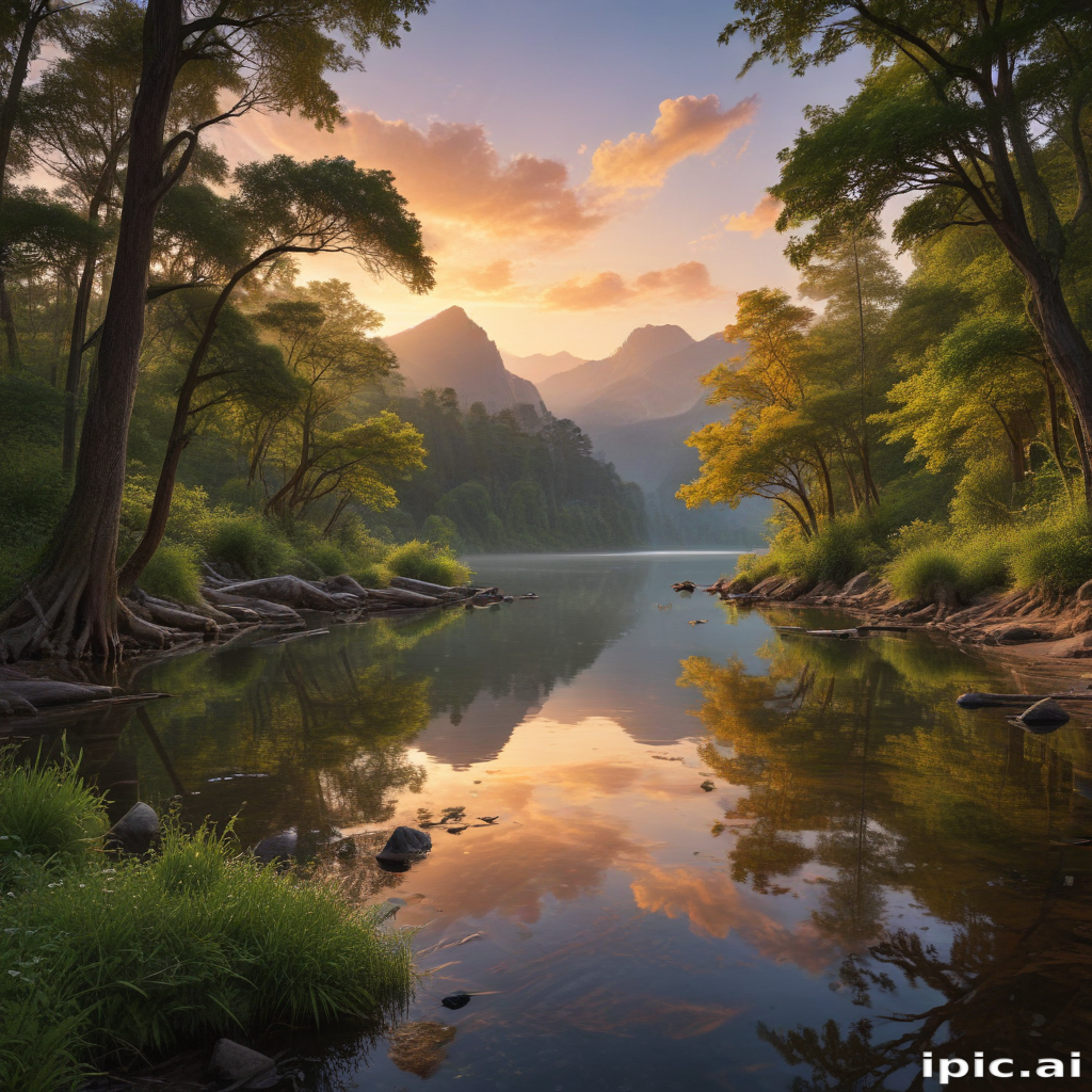 Tranquil Sunset Reflections Over a Serene Mountain Lake Surrounded by ...