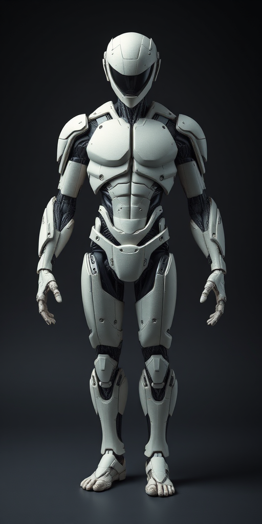 Create a highly detailed and realistic 3D model of a humanoid figure made of segmented materials, showcasing dynamic pose and texture details, using an ISO of 200, aperture of f/4, shutter speed of 1/125s, shot from a 35mm lens, in a studio lighting environment with a slight top-down perspective for depth.