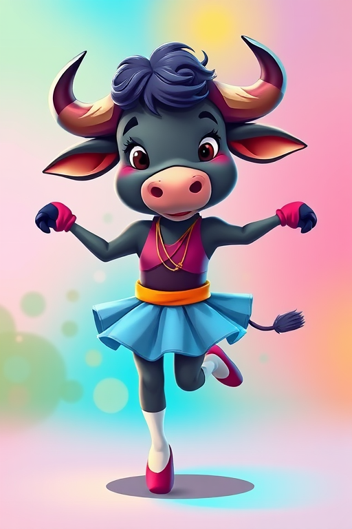 Create a vibrant, high-resolution illustration of a cartoon animal character resembling a dancing buffalo in a ballet outfit, use a DSLR camera with a 50mm lens at f/1.8, shot from a frontal view, with a bright, colorful background to enhance the character's features.