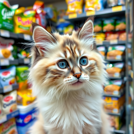 A fluffy cat with striking blue eyes and a cream and gray coat is looking curiously to the side in a store filled with various food items and colorful packaging in the background.