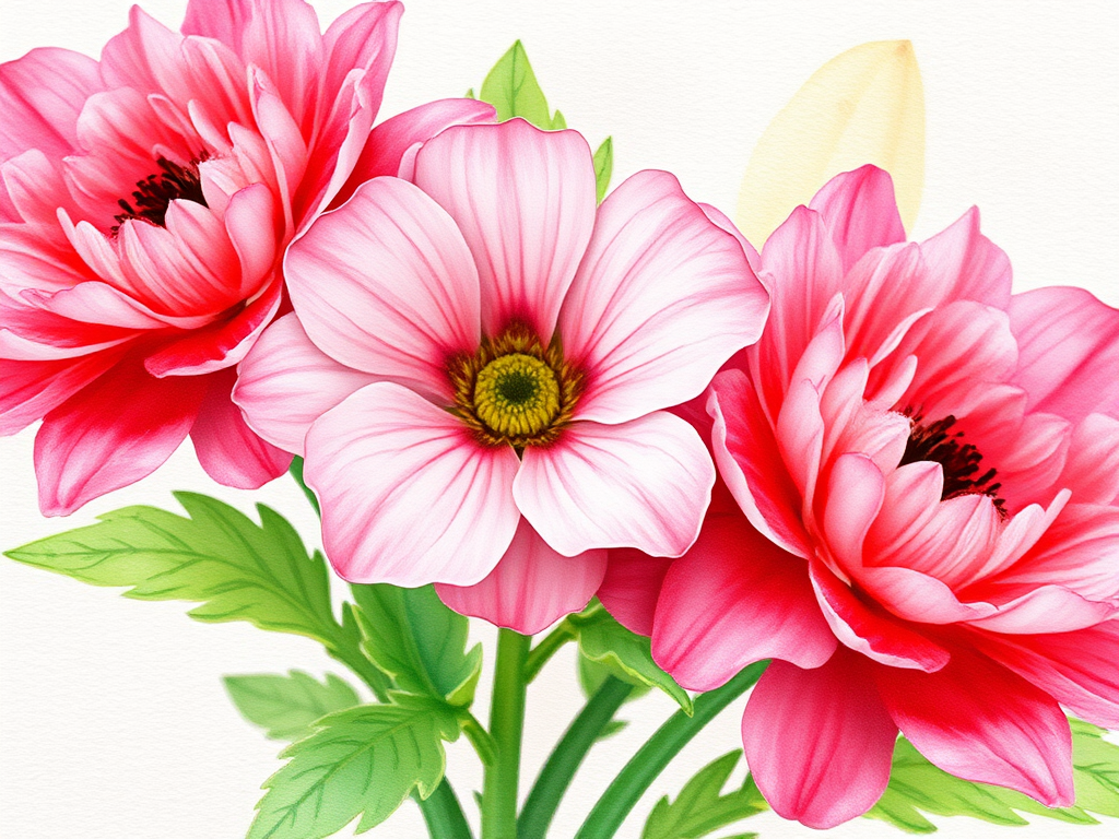 Create a watercolor painting of three flowers in soft pink hues with green foliage, using a DSLR camera with an aperture of f/2.8, a shutter speed of 1/200s, ISO 100, in macro view to enhance detail and vibrancy.