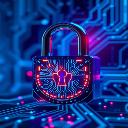 Create a high-resolution image of a digital padlock with glowing circuitry patterns set against a futuristic blue technology background, with a Canon EOS 5D Mark IV, f/8 aperture, 50mm lens, ISO 100, and a focus on vibrant colors and sharp details.