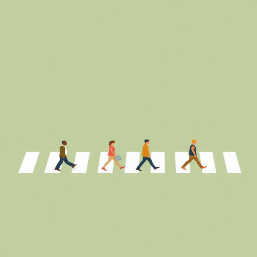 Create a minimalist vector illustration of four figures walking in a line across a white crosswalk on a muted green background, using sharp lines and flat colors, simulate a DSLR camera setting with f/8 aperture, ISO 200, and a focal length of 50mm, in a clear and evenly lit style that emphasizes simplicity and artistic expression.