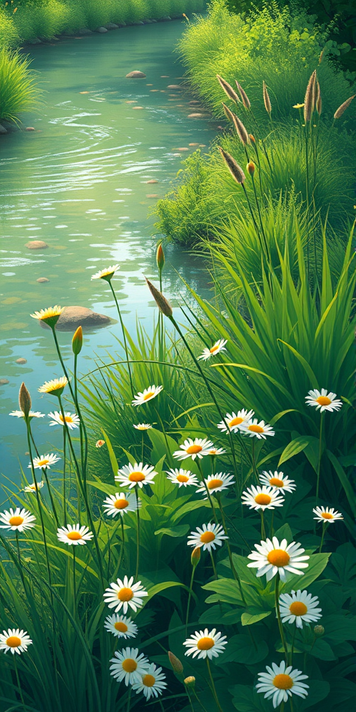 Create a vibrant illustration of a lush riverbank scene with various green plants and white daisies, focusing on details, soft lighting for a serene atmosphere, using a Canon EOS 5D Mark IV with a 50mm lens, aperture f/2.8, ISO 100, and a slight vignette for depth.