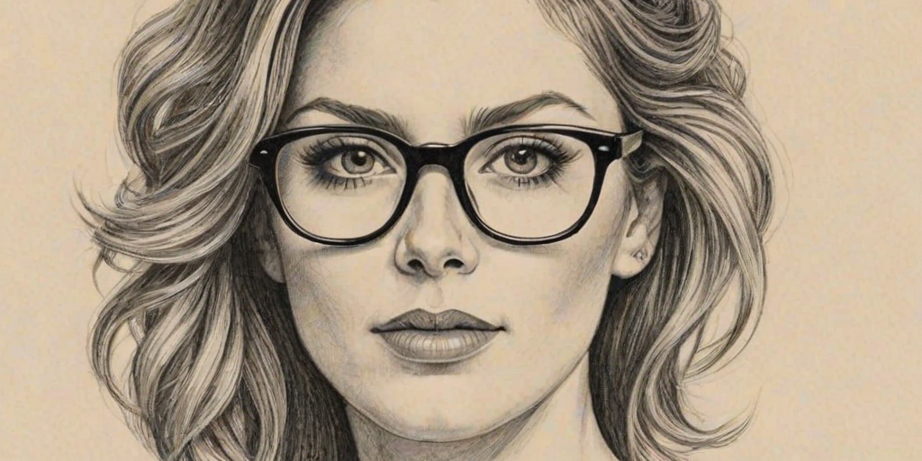 Graceful Diora Baird, pencil sketch, portrait of Charming woman 1921s in glasses, hair style beatnik, outline, clear lines, fine lines, 8k