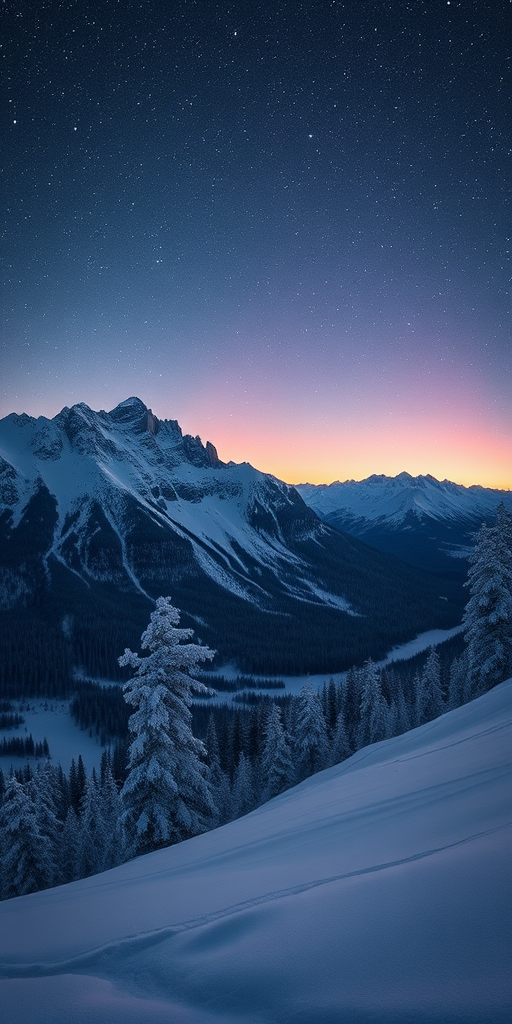 winter landscape with mountains and a starry sky at dawn, ISO 100, f/8, 30s exposure, wide-angle lens, high dynamic range, DSLR
