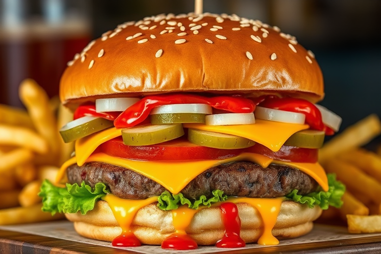 High-resolution, close-up image of a gourmet double cheeseburger. The burger features a glossy, sesame-seed-topped brioche bun. Inside, there are two thick, juicy beef patties, each topped with melted cheddar cheese. The burger is garnished with fresh lettuce, tomato slices, diced onions, and pickles. A generous amount of ketchup and a creamy, orange-colored sauce is dripping down the sides, adding to the mouth-watering appeal. In the background, there are blurred elements including a side of golden French fries and a hint of a beverage, enhancing the overall presentation of a delicious meal.
