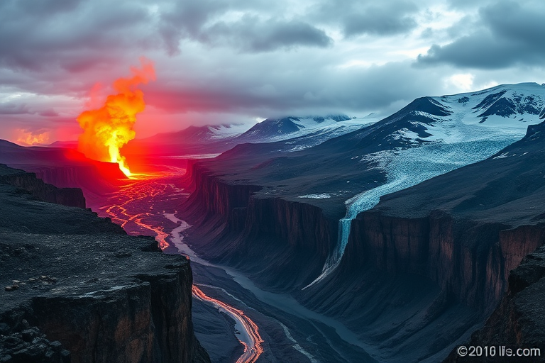 Create a high-resolution image of a dramatic landscape featuring a fiery volcanic eruption and icy glaciers juxtaposed in a canyon scene, shot with a DSLR camera, 24mm lens, f/8 aperture, ISO 100, and a dynamic range of colors to enhance contrast and detail.