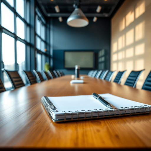 high-quality image of a modern conference room with a focus on a spiral notebook and a silver pen on a wooden table, soft natural lighting, depth of field effect, shot with a DSLR camera, 50mm lens, aperture f/1.8, ISO 200, 1/200s shutter speed