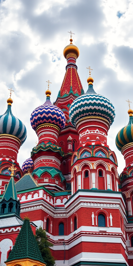 Capture a high-resolution image of St. Basil's Cathedral in Moscow, using a DSLR camera with a 50mm lens, aperture set to f/8 for sharp focus, ISO at 100 for optimal clarity, shooting from a low angle to emphasize the colorful domes against a dramatic sky, with HDR processing to enhance the vibrancy and detail.