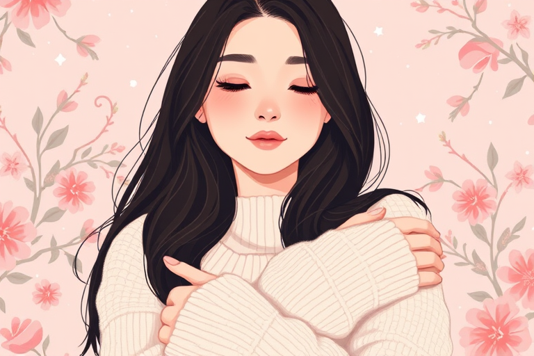 Create an illustration of a young woman with long dark hair wearing a cozy sweater, embracing herself with a serene expression, surrounded by soft pink and pastel floral patterns, captured using a Canon EOS R5 with a 50mm lens at f/1.8, in natural light for a soft and warm aesthetic.