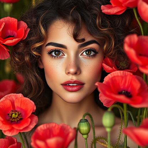 portrait of a woman with curly hair and freckles surrounded by blooming poppies and gold leaf accents soft lighting, 50mm lens, f/1.8, ISO 100, natural light, shallow depth of field, shot from a slightly elevated angle, high resolution