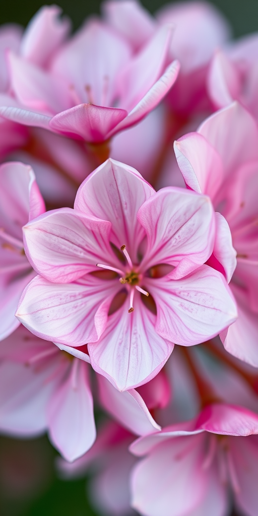 close-up shot of a cluster of delicate pink and white flowers with intricate details, shot at f/2.8 aperture, ISO 100, 50mm lens, 1/200 second shutter speed, natural light, macro photography style, DSLR camera