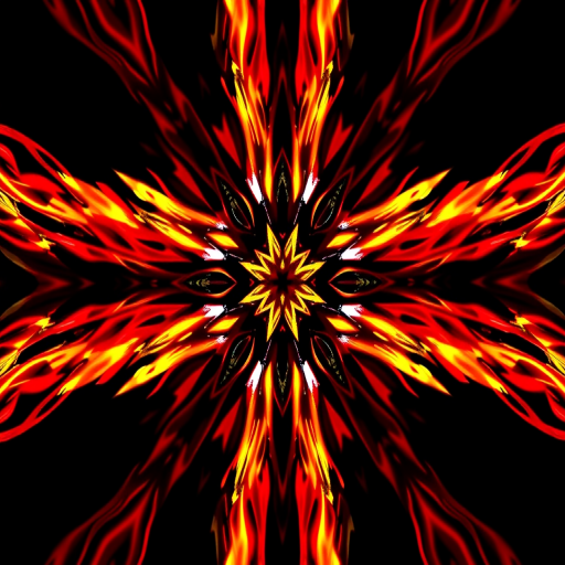 Create a high-resolution pixel art image of a bold and vibrant symmetrical design featuring fiery red and bright yellow colors, captured with a DSLR camera at f/2.8 aperture, ISO 100, 50mm lens, with a top-down view and soft diffused lighting to enhance detail and contrast.