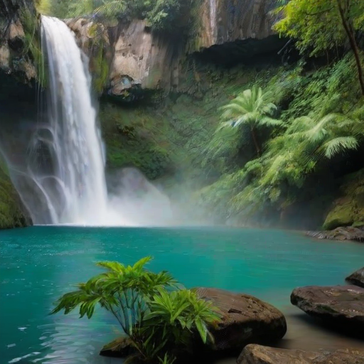 Majestic waterfall cascading into a serene pool, mist rising in the cool air, surrounded by lush greenery and towering rocks.