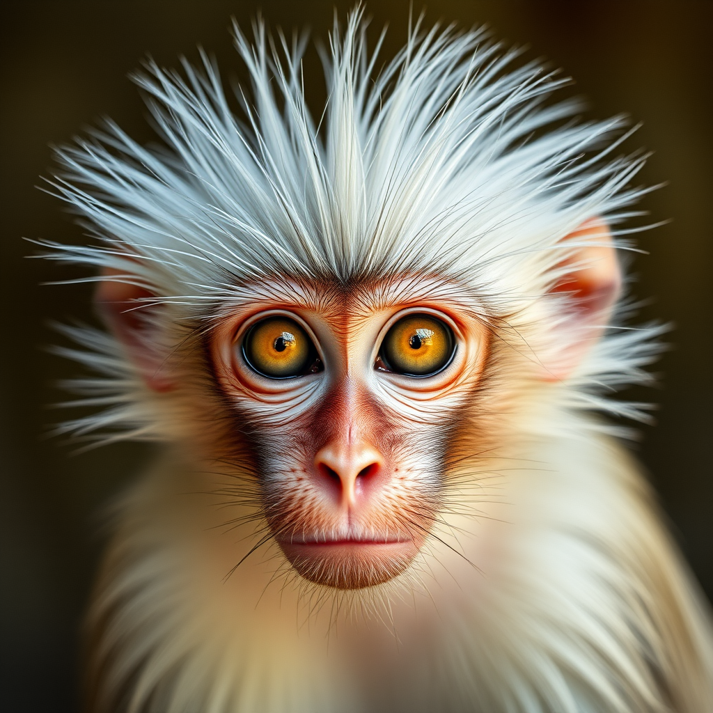 Capture a close-up portrait of a monkey with striking white hair and expressive eyes, using a Canon EOS R5, 85mm f/1.2 lens, ISO 100, aperture f/1.2, shutter speed 1/200 sec, natural light with a shallow depth of field to create a soft background.