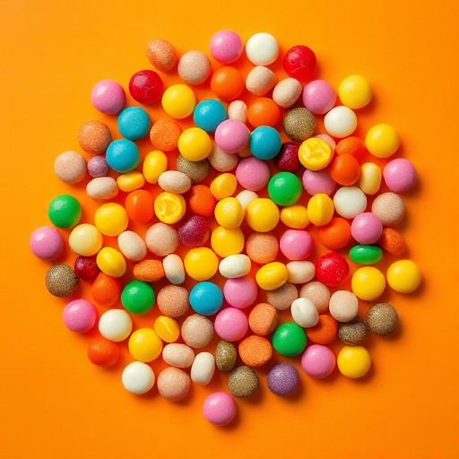 Colorful assortment of candies on a vibrant orange background, high-resolution, 50mm lens, f/2.8 aperture, ISO 100, overhead shot, DSLR camera, studio lighting for enhanced contrast and clarity