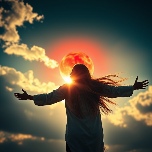 Regenerate the image of a figure with long hair standing with arms outstretched towards a fiery red sun in a dramatic sky, using a Canon EOS R5 camera with a 24mm f/1.4 lens, ISO 200, shutter speed 1/500s, in a low-angle perspective, utilizing a cinematic style and HDR imaging for enhanced color and detail.