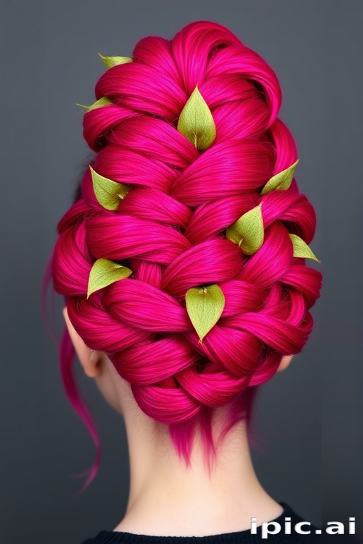Vibrant magenta hair arranged in an elaborate updo resembling a blooming flower, with intricate braids and twists forming petals and leaves, embodying a botanical masterpiece named Fuchsia Floret