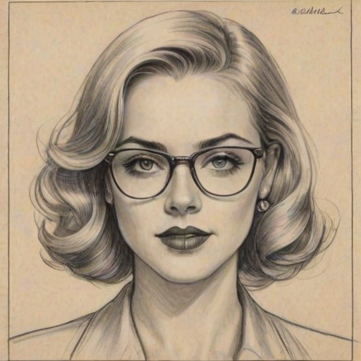 Lovely Amanda Schull, pencil sketch, portrait of Graceful woman 1926s in glasses, hair style beatnik, outline, clear lines, fine lines, 8k