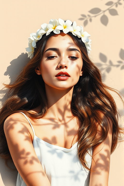 create a watercolor painting of an ethereal portrait of beautiful Pakistani woman with a simple white flower crown on her head. Her hair is long and she is lying on the ground. The sunlight on the trees casts shadows from the leaves on her face and body. The background is a neutral brown color that matches her skin tone. The image is minimalist and solid colors. This style is characterized by soft, delicate brushstrokes and a light, airy, contrasting color palette. High level of detail and play of light