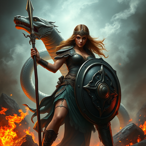 Create a high-resolution fantasy illustration of a warrior woman in a dramatic pose, holding a shield and spear, with a serpent behind her amidst flames and smoke, using a DSLR camera with a 50mm lens, f/1.8 aperture, ISO 200, and a low angle shot for dynamic perspective.