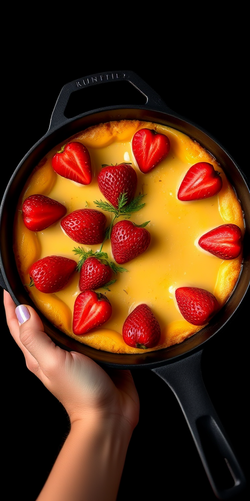 A beautifully arranged dessert in a black pan featuring a smooth golden base topped with vibrant red strawberries and herbs, with a hand holding the pan, set against a dark background.