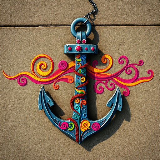 Create a vibrant, artistic illustration of an anchor decorated with colorful swirls and patterns, captured using a DSLR camera with a 50mm lens at f/1.8, ISO 100, aperture priority mode, natural lighting, overhead view for a dynamic perspective.