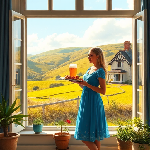 In "A Glass of Beer on the Highland," a serene scene is depicted in a sunlit room where a woman in a vibrant blue dress stands by a large window. She holds a tray with a hearty meal and a frothy glass of beer, embodying a moment of relaxation. Outside, the breathtaking highland landscape features rolling green hills and a charming traditional house, all bathed in warm afternoon light. The interior is adorned with potted plants, creating a harmonious blend of comfort and nature. The painting beautifully captures the tranquility and joy found in simple pleasures amidst stunning scenery
