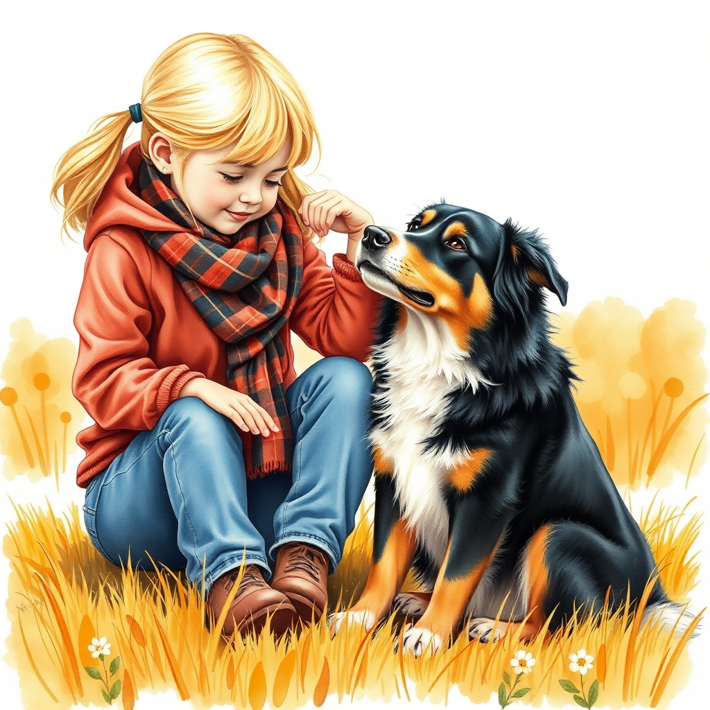 A detailed watercolor and acrylic illustration showing a heartwarming scene between a young blonde girl in pigtails and a Bearnaise Mountain dog. The girl, dressed in a rust hoodie, jeans, and a plaid scarf, gently rests her hand on the dog’s head. The dog, with black, copper, and white fur, sits beside her, tilting its head in affection. They sit on golden grass with wildflowers, against a sunny fall background. The artwork focuses on realistic textures and the tender bond between them.