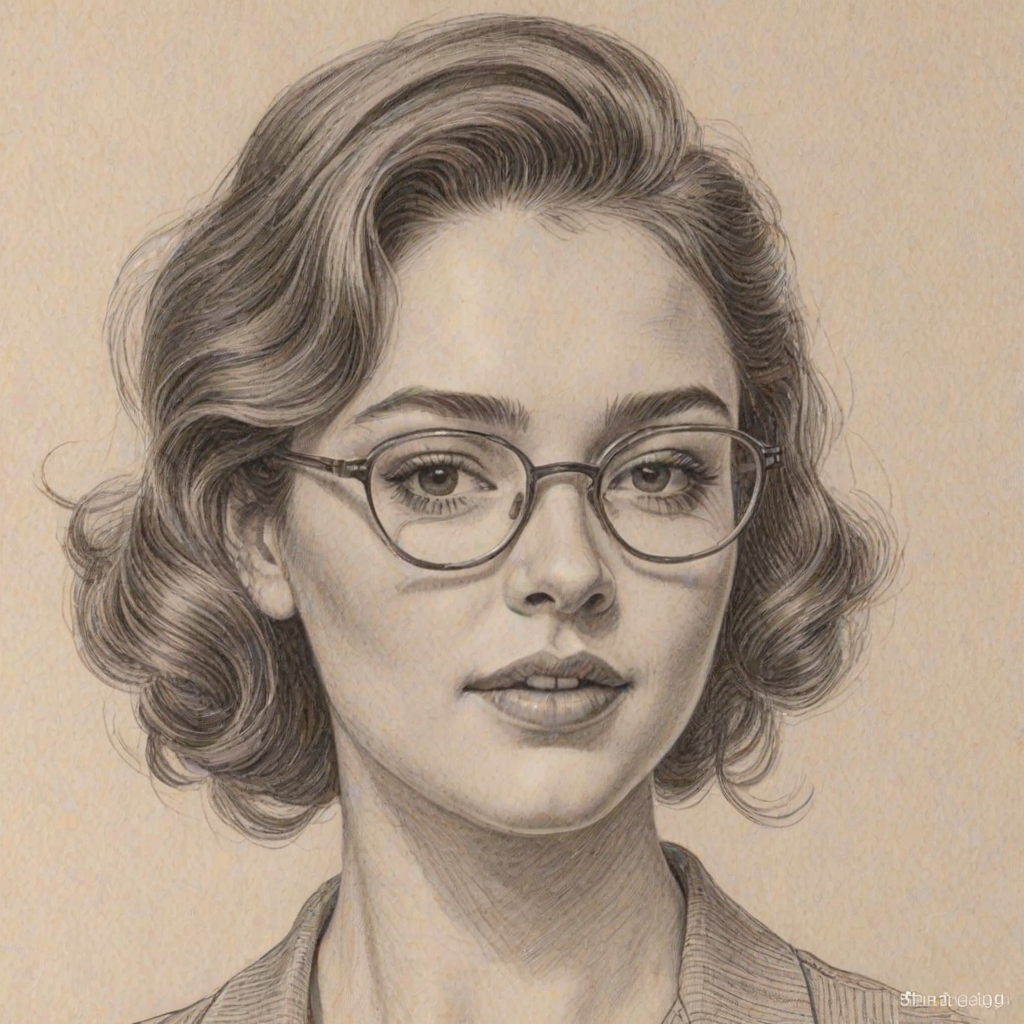 Appealing Danielle Rose Russell, pencil sketch, portrait of Superb woman 1957s in glasses, hair style beatnik, outline, clear lines, fine lines, 8k