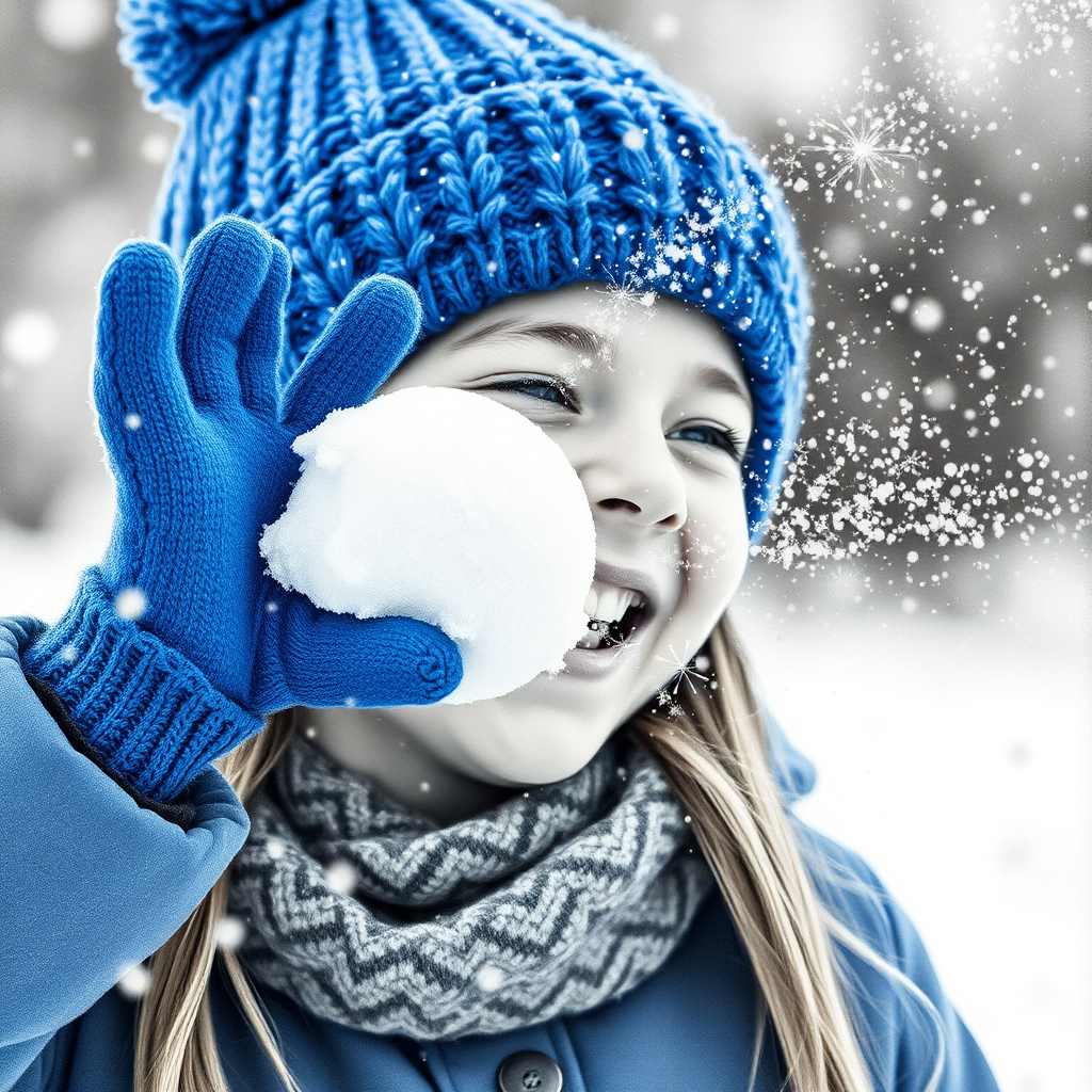 A hyperdetailed photorealistic macro image black and white pencil sketch of a young girl getting hit by a snowball during a snowball fight. She is wearing a brilliant sapphire blue wool beanie and bright blue mittens. She is trying to block the snowball by putting her hands up. The snowball hits her beanie and disintegrates into myriad tiny snowflakes caught with high speed photography. The girl is laughing and having a wonderful time.