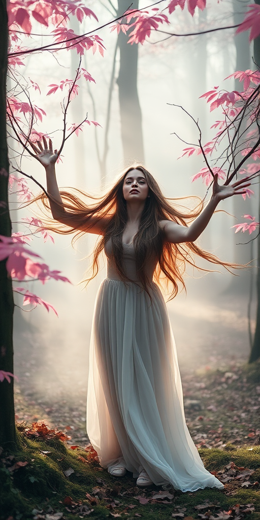 Generate an ethereal forest scene featuring a woman with flowing hair and branches for arms, surrounded by mist and pink leaves, captured with a Canon EOS R5 at f/2.8, ISO 100, 24mm wide-angle lens, in soft, diffused natural light.