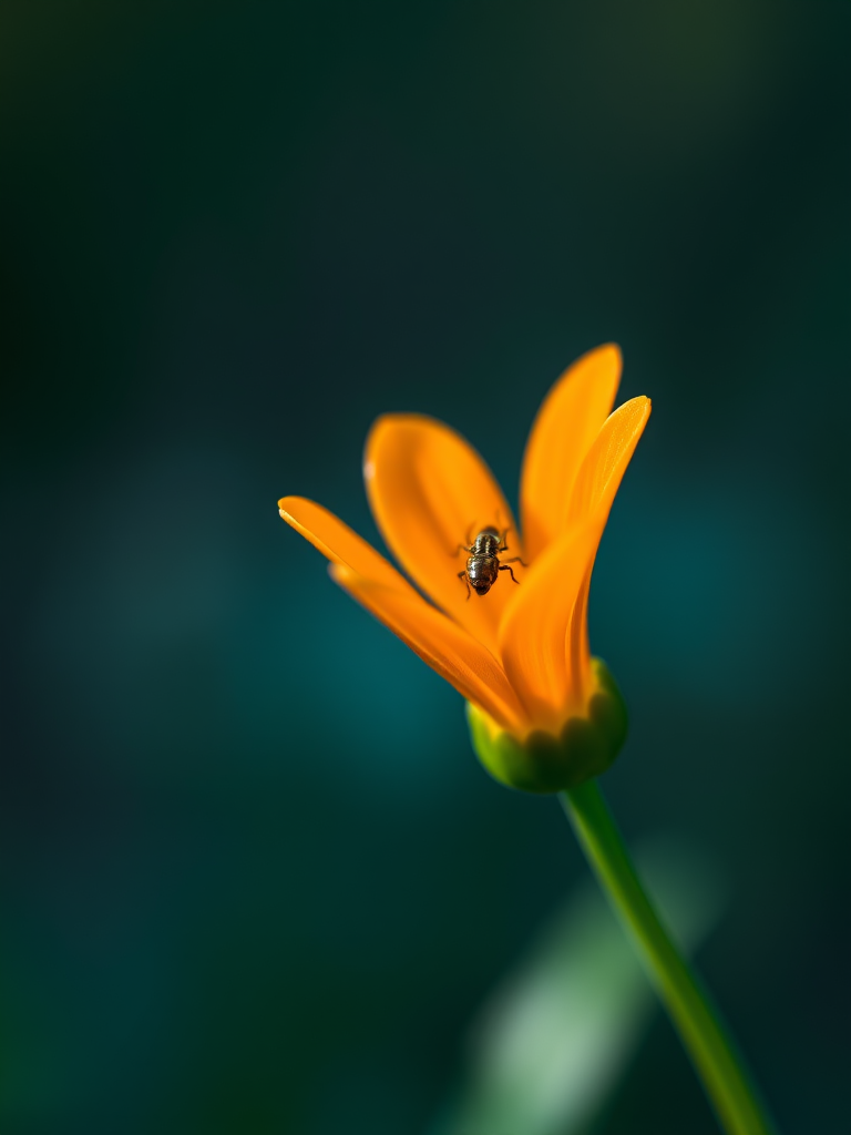 close-up of a vibrant orange flower with a small insect on its petals, shallow depth of field, f/2.8 aperture, 100mm macro lens, ISO 100, natural light, soft bokeh background, taken with a DSLR camera