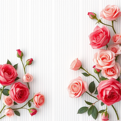 Floral border design with various roses in shades of pink and red on a light gray striped background, macro lens, f/2.8 aperture, 50mm focal length, natural light, DSLR camera, high resolution.