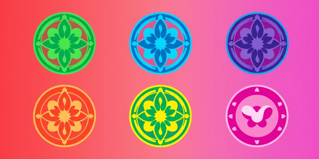 Create an illustration of five colorful circular logos in red, green, blue, yellow, and pink, each containing a central abstract design, using a high-resolution digital camera with ISO 100, aperture f/4, and a focal length of 50mm, ensuring a clean, vibrant style with a modern graphic design approach.
