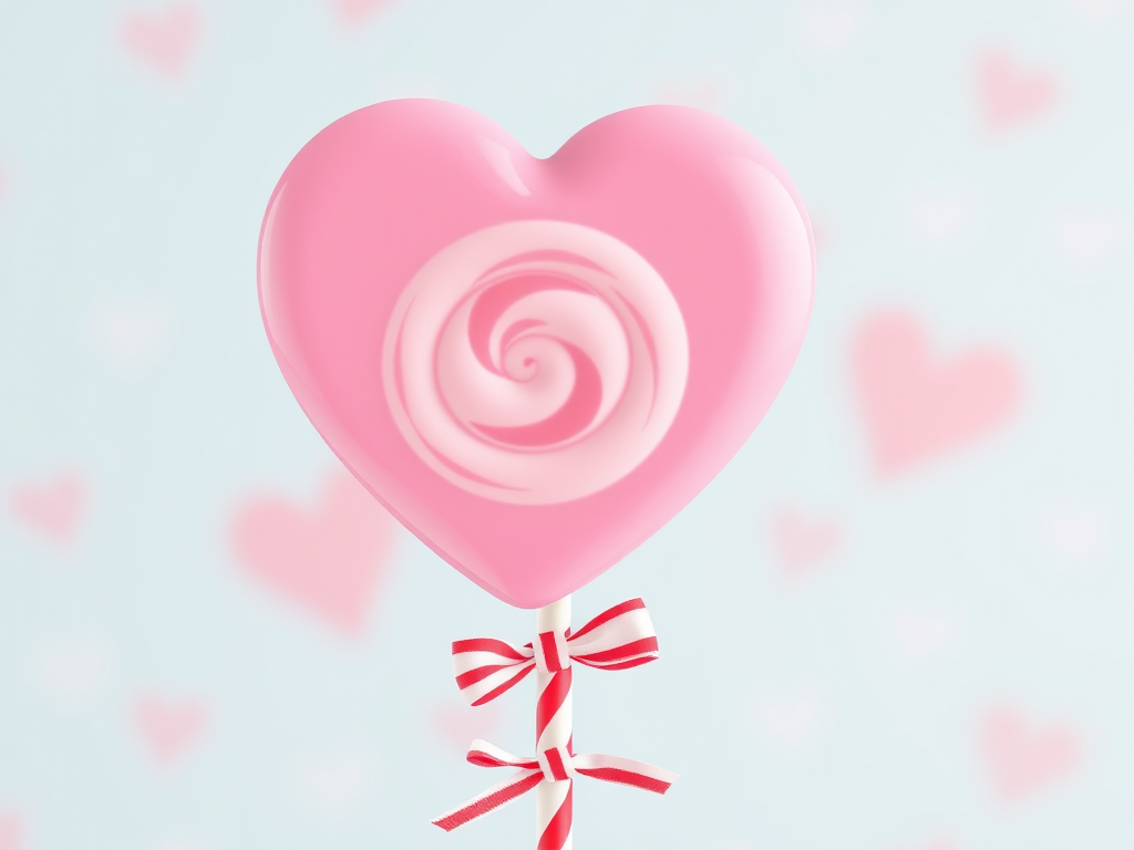 Create a high-resolution digital illustration of a large pink heart-shaped lollipop with a red and white striped stick, featuring a cute bow at the base, set against a soft pastel blue background with subtle heart patterns; use a Canon EOS R5 camera, f/4 aperture, 50mm lens, and a soft focus style for a dreamy effect.