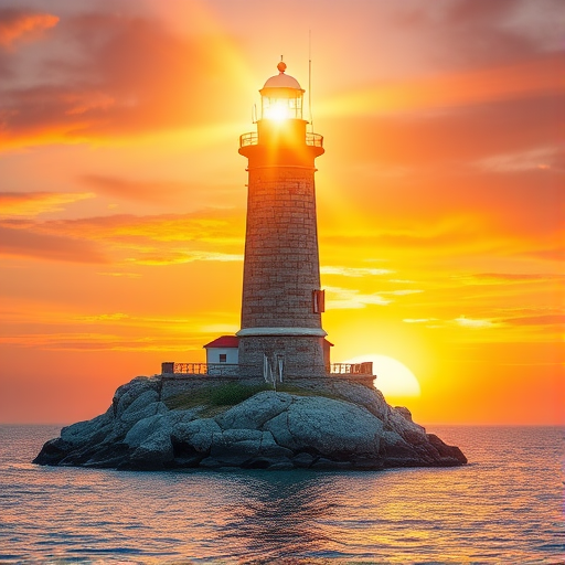 Generate an image of a tall lighthouse perched on a rocky outcrop surrounded by calm ocean waters during a breathtaking sunset. The lighthouse stands sturdy and weathered, its stone surface illuminated by the warm golden light of the setting sun. The sun's rays pass directly through the glass lantern room at the top of the lighthouse, casting a brilliant light across the scene. The sky is painted with vibrant shades of orange, pink, and purple, reflecting off the tranquil sea. The surrounding water shimmers with the same warm hues, creating a serene and majestic atmosphere.