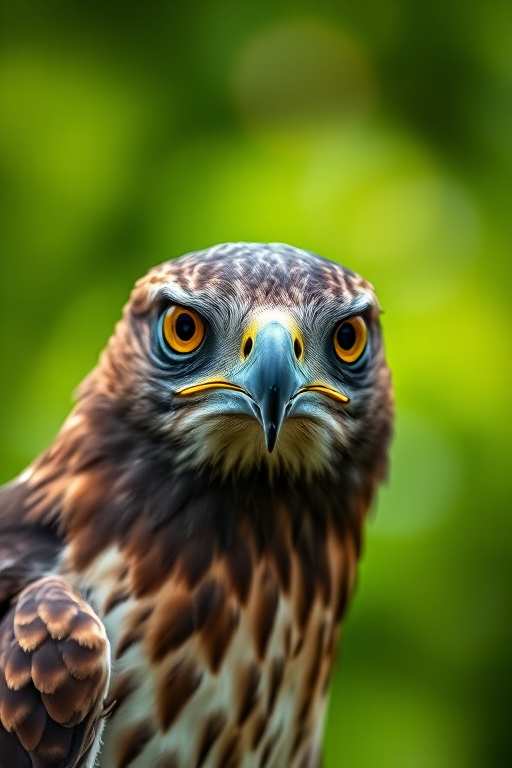 Capture a close-up portrait of a hawk with sharp focus on the eyes, using a 50mm lens, aperture set to f/1.8 for depth of field, ISO 200, and soft natural lighting in a blurred green background to enhance detail and clarity.