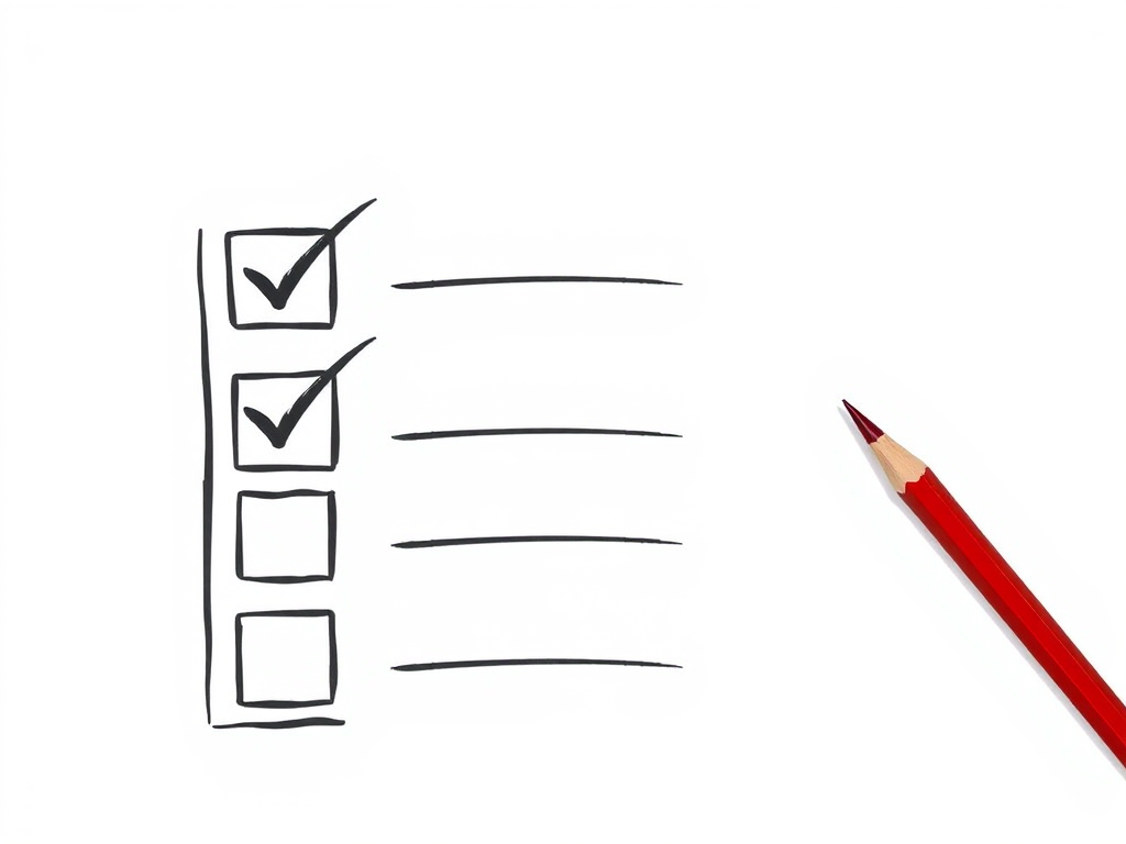 create an illustrated checklist with three checked boxes and one empty box, a red pencil beside the checklist, high resolution, taken with a DSLR camera at f/2.8 aperture, 50mm lens, natural lighting, top-down view