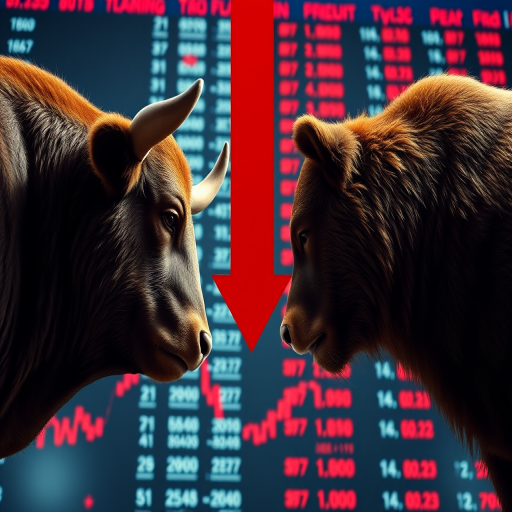 generate an image of a bull and bear facing each other with a downward red arrow between them in a digital stock market background, using a 50mm lens, f/1.8 aperture, ISO 100, shot from a low angle perspective with a cinematic style, high-resolution rendering