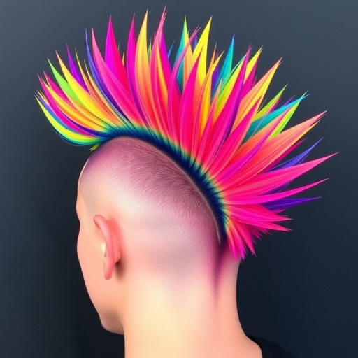 Bold rainbow mohawk called "Prism Punk" features a vibrant spectrum of colors in a perfectly blended gradient, styled with sharp spikes and shaved sides