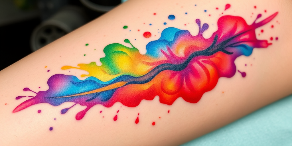 Vibrant watercolor tattoo called "Spectrum Splash" featuring a cascading rainbow of fluid colors blending seamlessly, creating an abstract yet harmonious design that flows organically across the skin