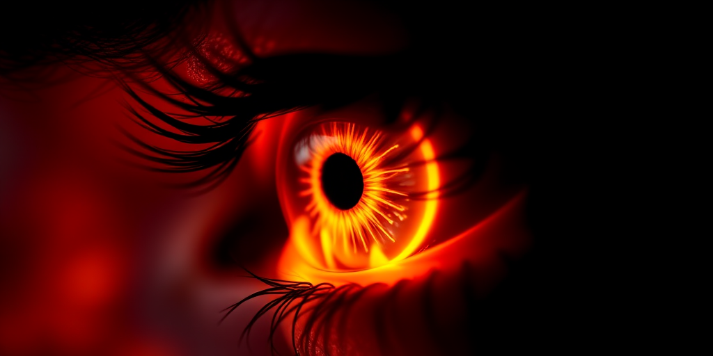 Create a glowing fiery eye with vibrant orange and yellow flames against a black background, using a DSLR camera, f/2.8 aperture, 1/125 sec shutter speed, ISO 100, macro view for detail, and high dynamic range style for enhanced colors.