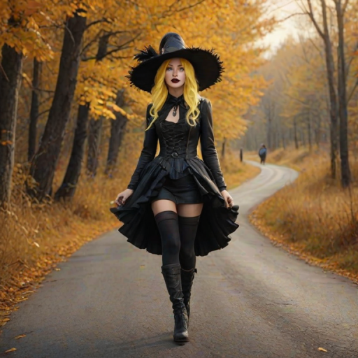 digital art fantasy depicting a strange girl with Yellow hair, long eyelashes, black lipstick and a tall hat walking along a winding road on an autumn afternoon, an Turkey smiles as she passes