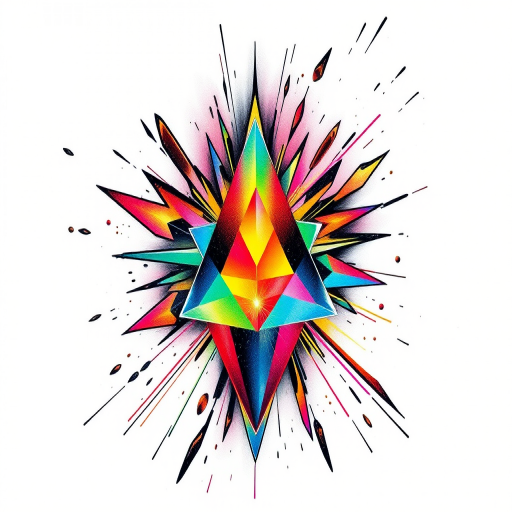 Edgy "Shattered Prism" tattoo style incorporating geometric shapes and angular lines that appear to fracture and refract light, rendered in a spectrum of vivid rainbow hues that transition smoothly from one to the next, creating a dynamic and visually striking design that seems to shift and change depending on the viewing angle