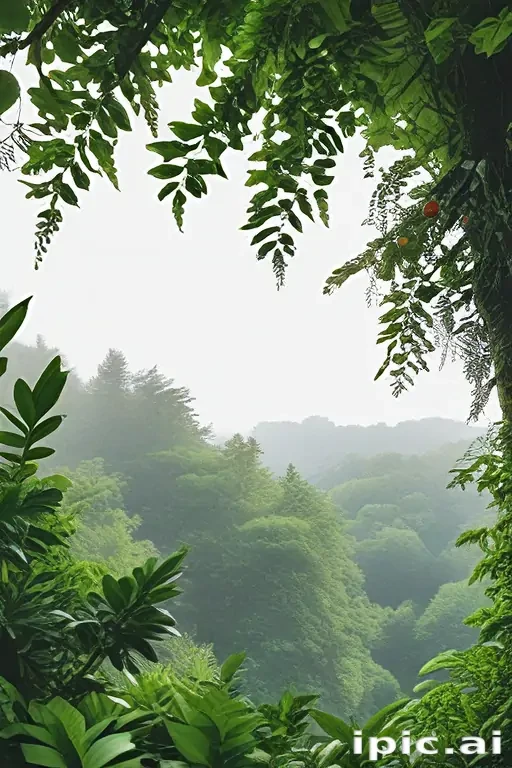 Serene Misty Forest Landscape Framed by Lush Green Foliage Above