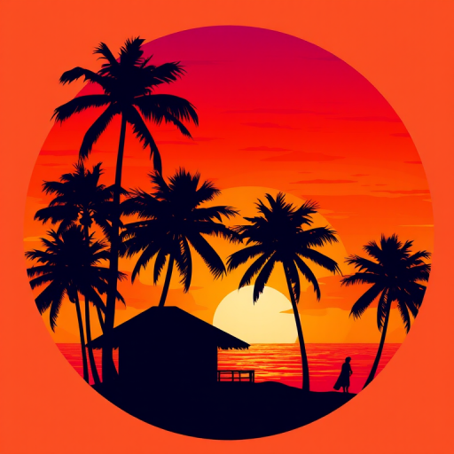 create a vibrant digital illustration of a tropical sunset with silhouetted palm trees and a beach hut, round frame, warm color palette of oranges and purples, high resolution, 4k quality, focal length 35mm, aperture f/8, shot from a slightly elevated angle, using a digital art style mimicking photography