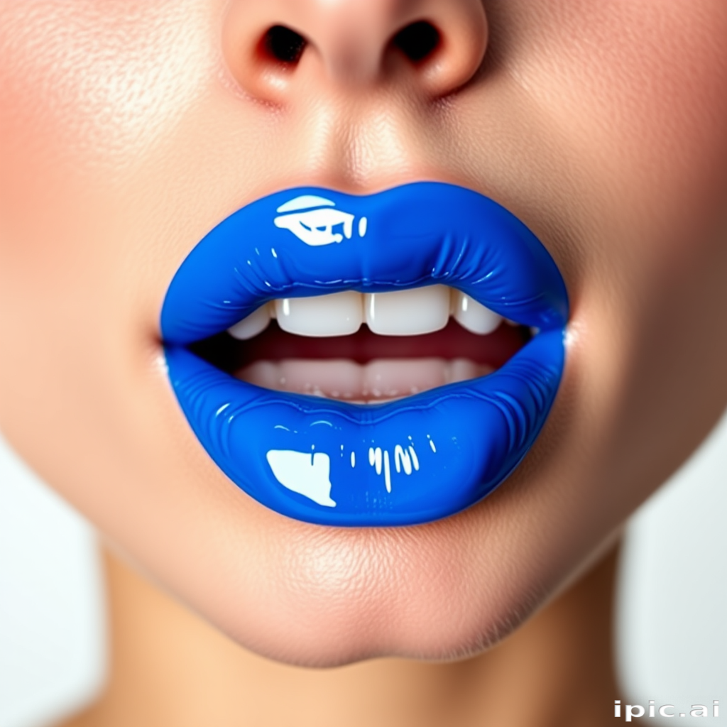 Electric blue lips with a high-shine vinyl finish, bold and avant-garde, challenging conventional beauty standards with confidence